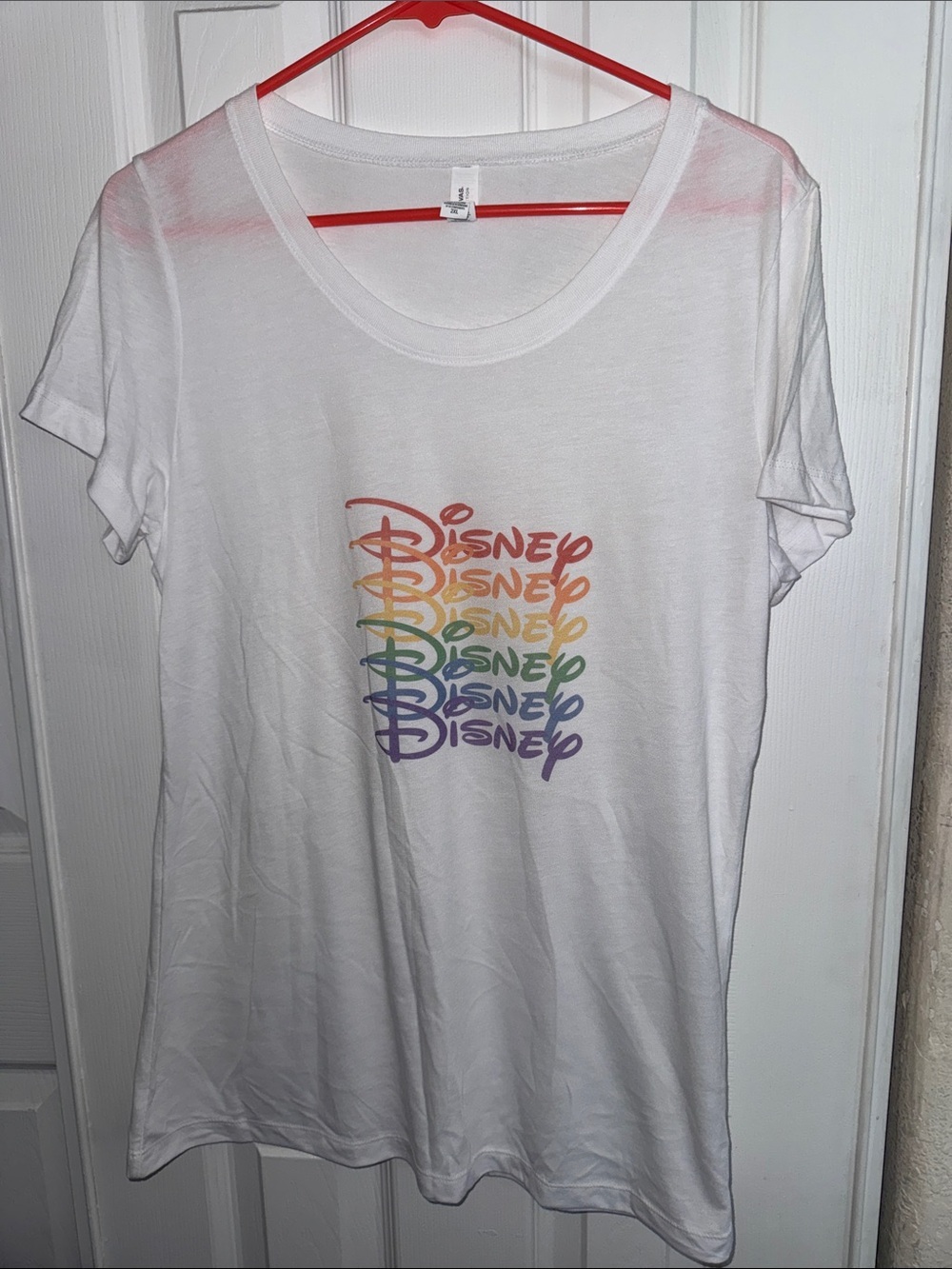 Disney White Tee with Vertical Rainbow Script Logo - Picture 1 of 5